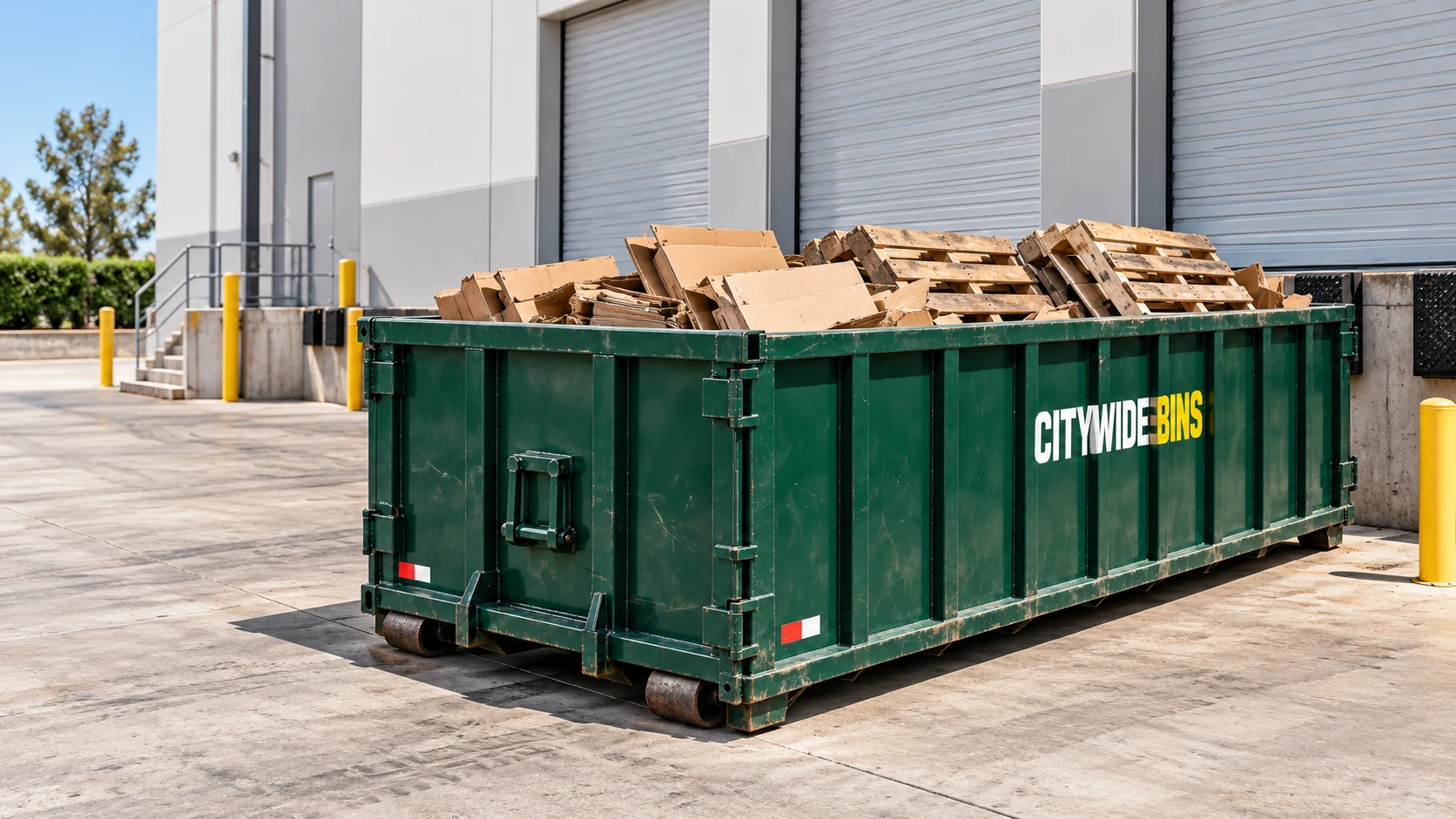 A green Citywide Bins dumpster filled with cardboard and wooden pallets beside a warehouse loading dock